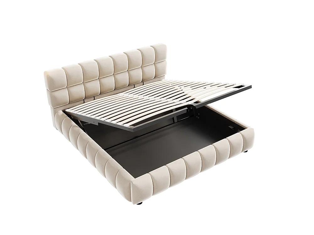 Lit coffre 140x190 cm, Lit Bulle avec sommier à Lattes, Tête de lit rembourrée, Cadre de lit Bas, Tissu velours, Beige