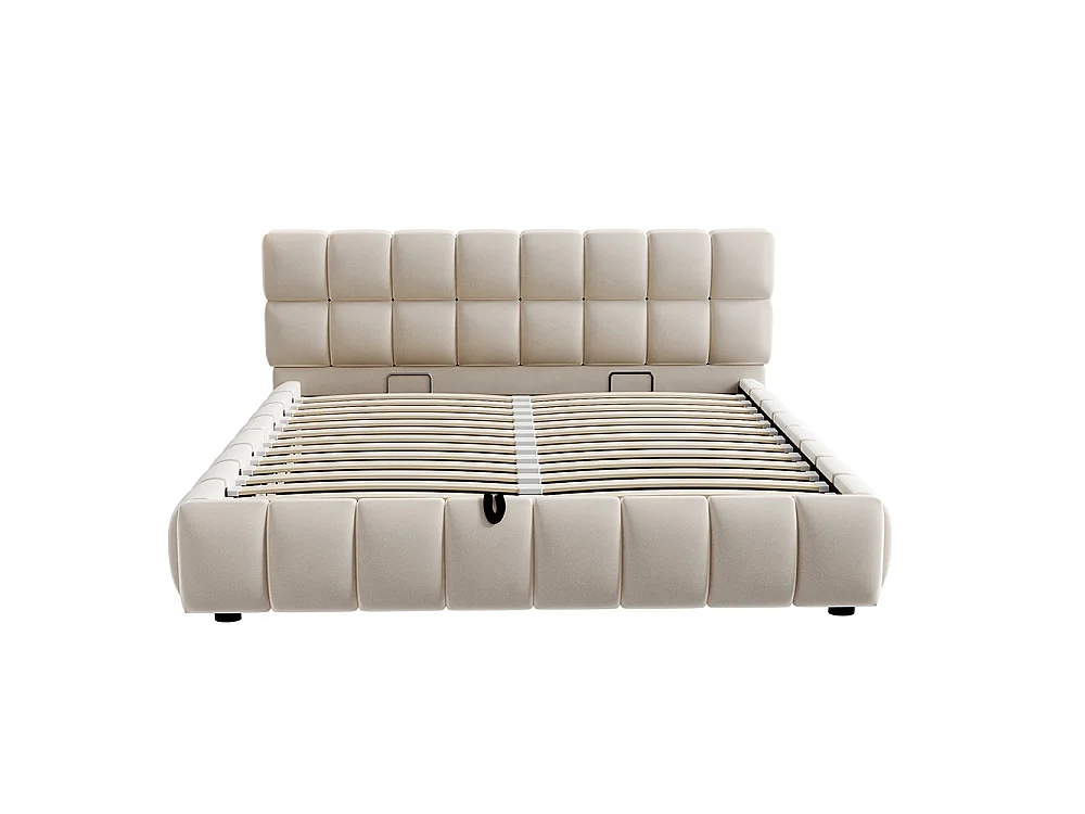 Lit coffre 140x190 cm, Lit Bulle avec sommier à Lattes, Tête de lit rembourrée, Cadre de lit Bas, Tissu velours, Beige
