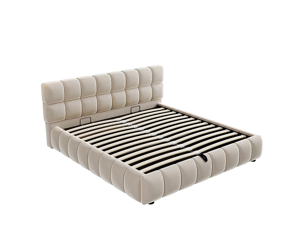 Lit coffre 140x190 cm, Lit Bulle avec sommier à Lattes, Tête de lit rembourrée, Cadre de lit Bas, Tissu velours, Beige