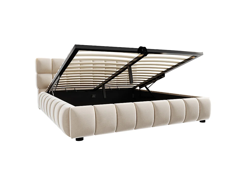 Lit coffre 140x190 cm, Lit Bulle avec sommier à Lattes, Tête de lit rembourrée, Cadre de lit Bas, Tissu velours, Beige