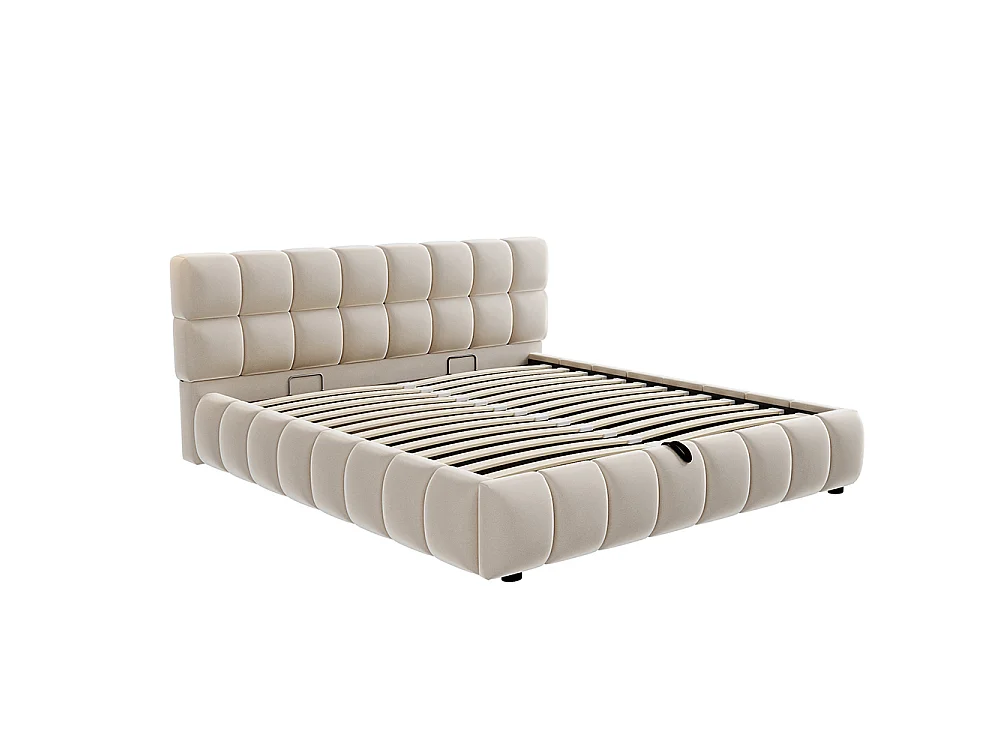 Lit coffre 140x190 cm, Lit Bulle avec sommier à Lattes, Tête de lit rembourrée, Cadre de lit Bas, Tissu velours, Beige