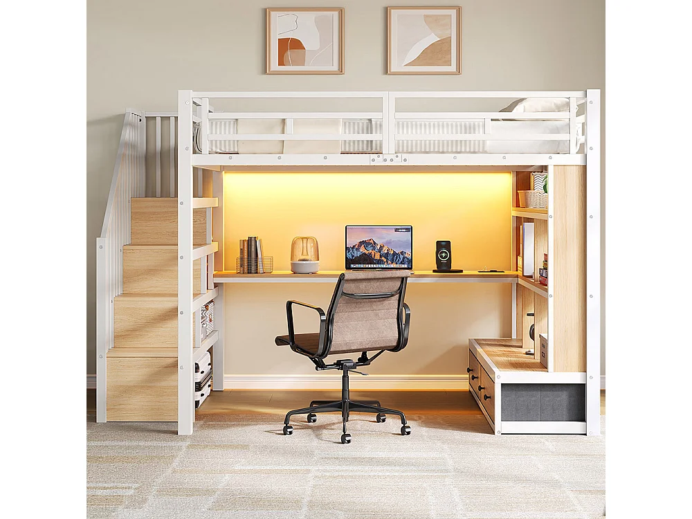 Lit mezzanine 140x200 cm avec éclairage LED, bureau et étagères, deux tiroirs, escalier avec rangements, prise de recharge, structure en métal, blanc