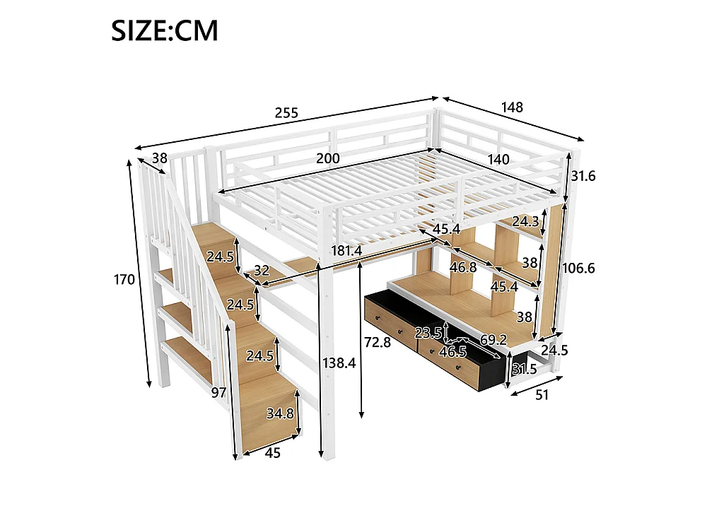 Lit mezzanine 140x200 cm avec éclairage LED, bureau et étagères, deux tiroirs, escalier avec rangements, prise de recharge, structure en métal, blanc