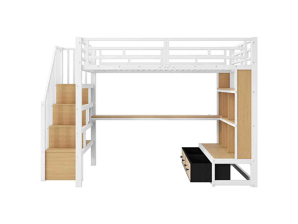Lit mezzanine 140x200 cm avec éclairage LED, bureau et étagères, deux tiroirs, escalier avec rangements, prise de recharge, structure en métal, blanc