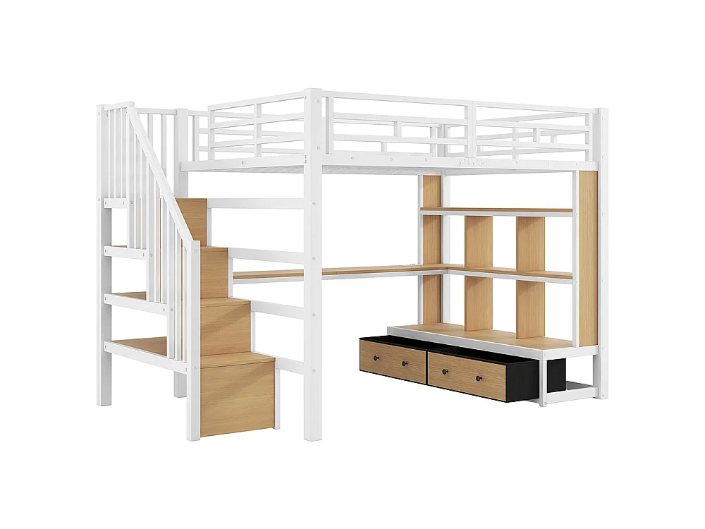 Lit mezzanine 140x200 cm avec éclairage LED, bureau et étagères, deux tiroirs, escalier avec rangements, prise de recharge, structure en métal, blanc