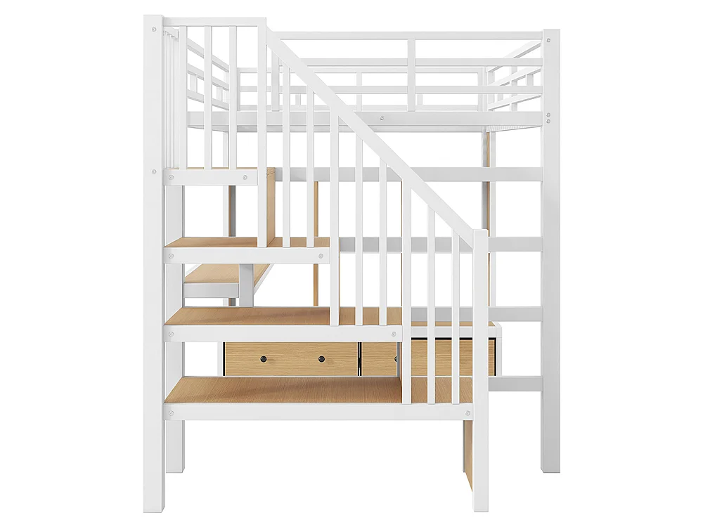 Lit mezzanine 140x200 cm avec éclairage LED, bureau et étagères, deux tiroirs, escalier avec rangements, prise de recharge, structure en métal, blanc