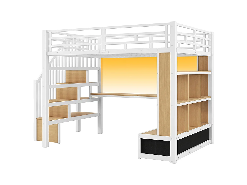 Lit mezzanine 140x200 cm avec éclairage LED, bureau et étagères, deux tiroirs, escalier avec rangements, prise de recharge, structure en métal, blanc