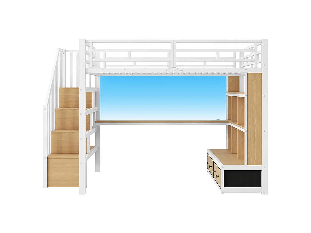 Lit mezzanine 140x200 cm avec éclairage LED, bureau et étagères, deux tiroirs, escalier avec rangements, prise de recharge, structure en métal, blanc