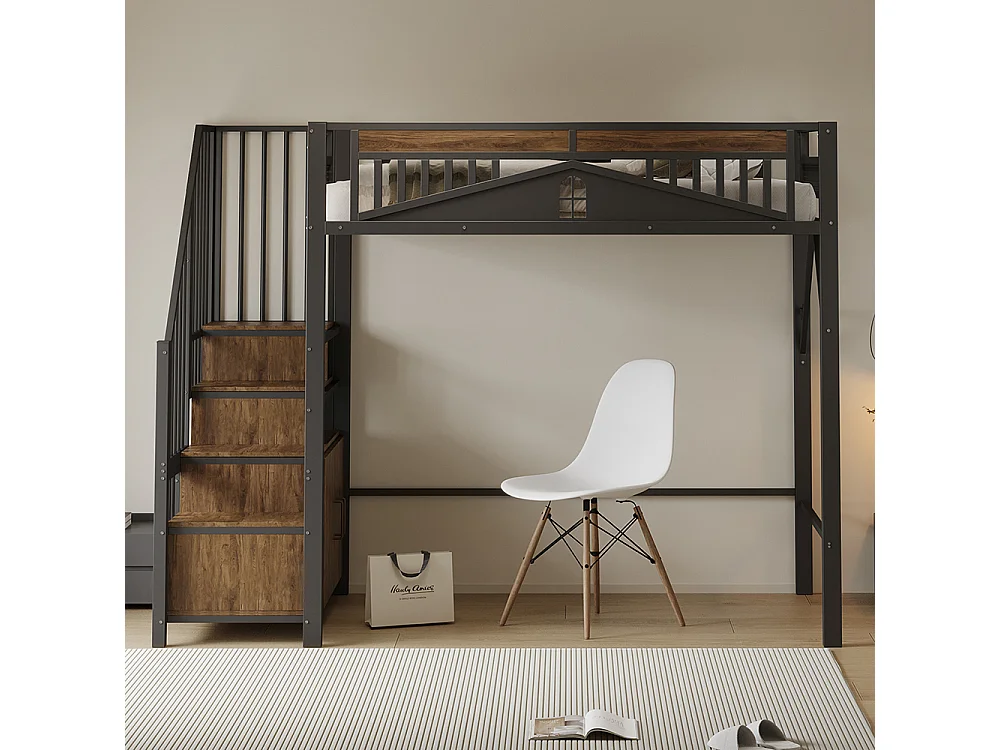 Lit Mezzanine Enfant 90x200 cm en métal - avec Escalier de Rangement - Casier - Barrière de Sécurité - Noir