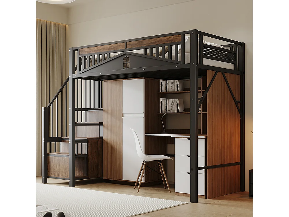 Lit Mezzanine Enfant 90x200 cm en métal - avec Escalier de Rangement - Casier - Barrière de Sécurité - Noir