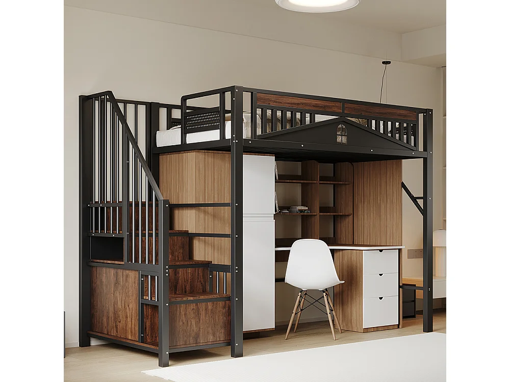 Lit Mezzanine Enfant 90x200 cm en métal - avec Escalier de Rangement - Casier - Barrière de Sécurité - Noir