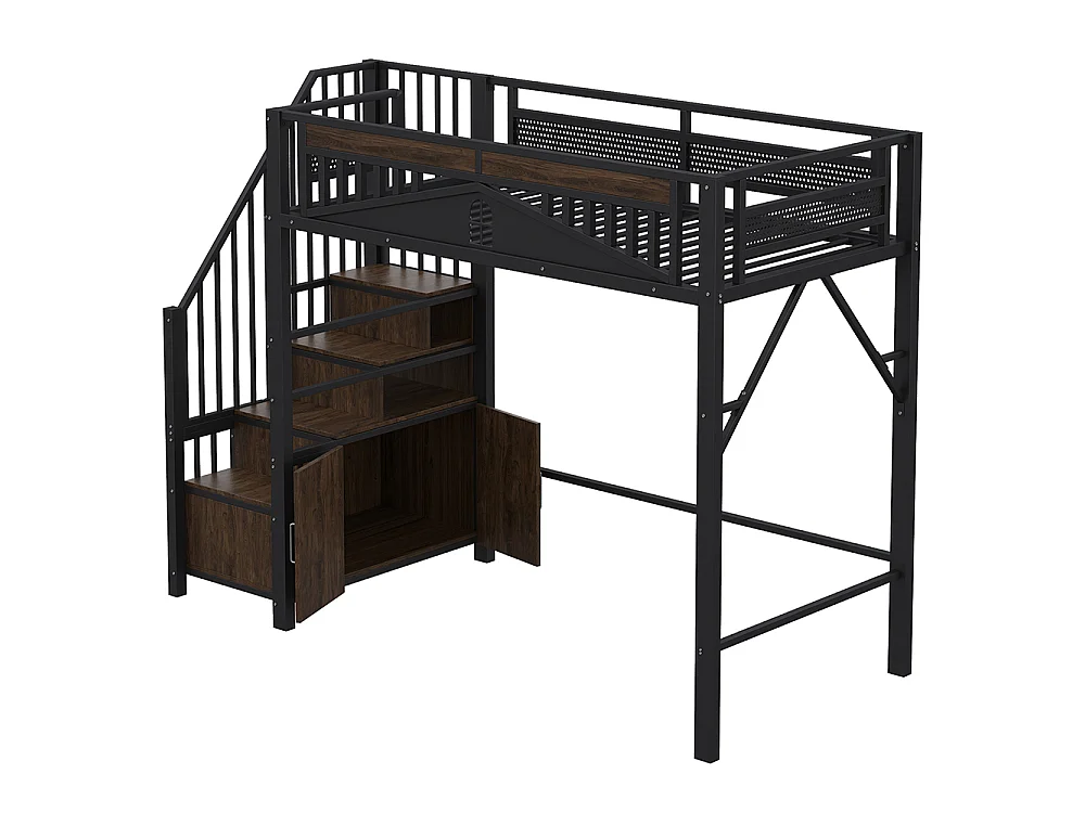 Lit Mezzanine Enfant 90x200 cm en métal - avec Escalier de Rangement - Casier - Barrière de Sécurité - Noir