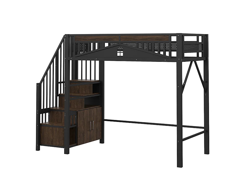 Lit Mezzanine Enfant 90x200 cm en métal - avec Escalier de Rangement - Casier - Barrière de Sécurité - Noir