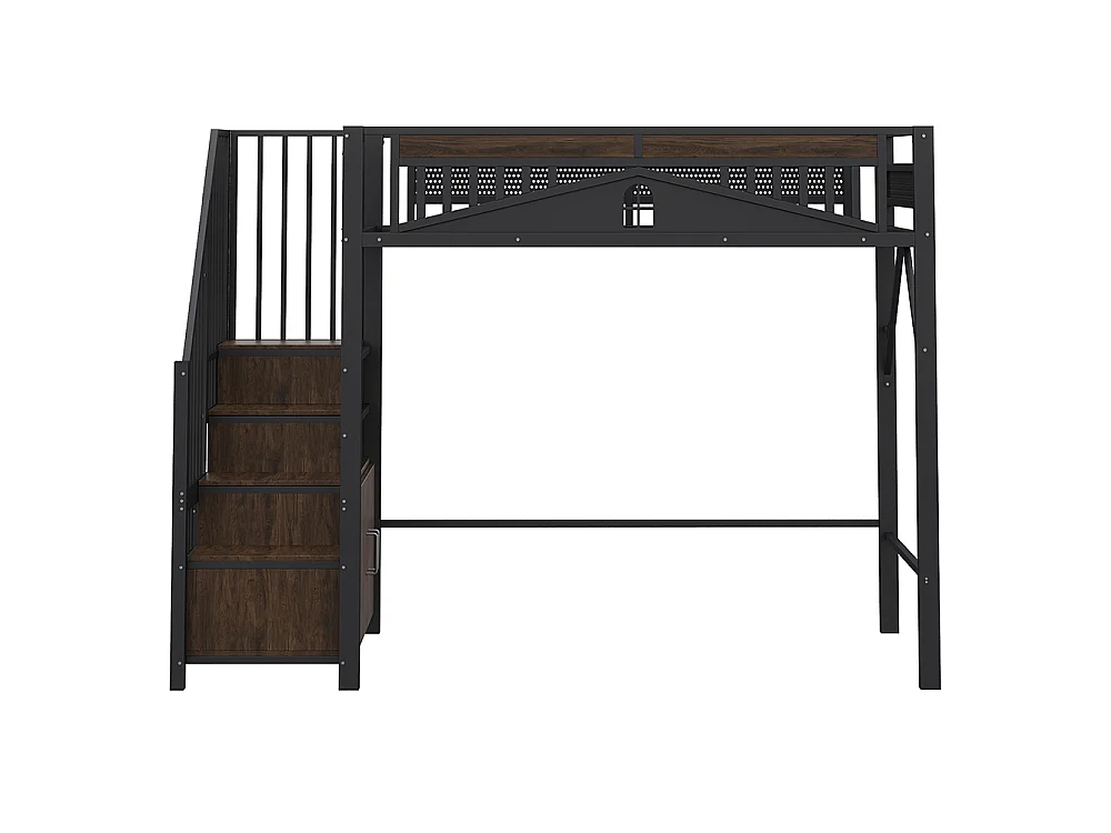 Lit Mezzanine Enfant 90x200 cm en métal - avec Escalier de Rangement - Casier - Barrière de Sécurité - Noir