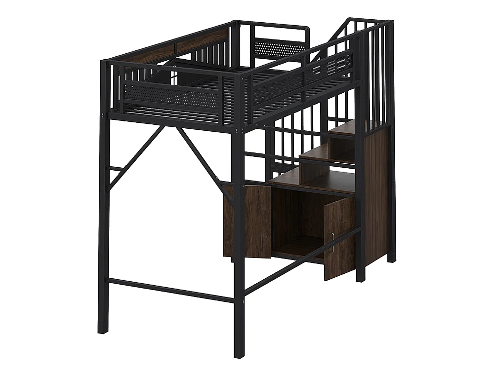 Lit Mezzanine Enfant 90x200 cm en métal - avec Escalier de Rangement - Casier - Barrière de Sécurité - Noir