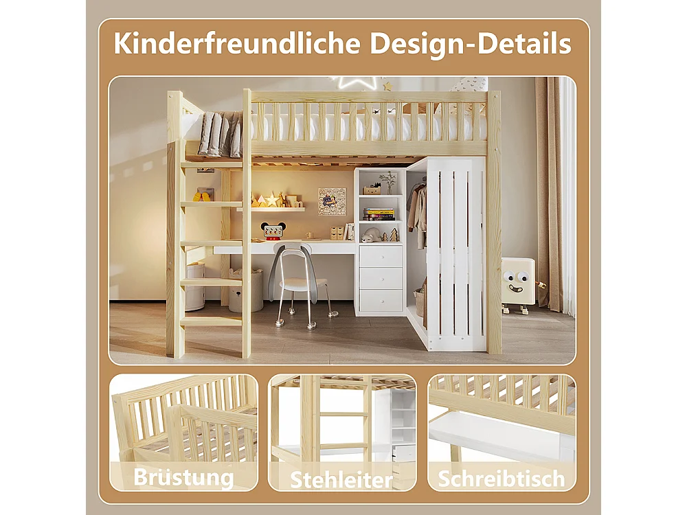 Lit Mezzanine 2 Place 140x200cm avec Bureau, Armoire, 3 tiroirs et rangement ouvert, Design de clôture haute, Cadre de lit en pin, Naturel