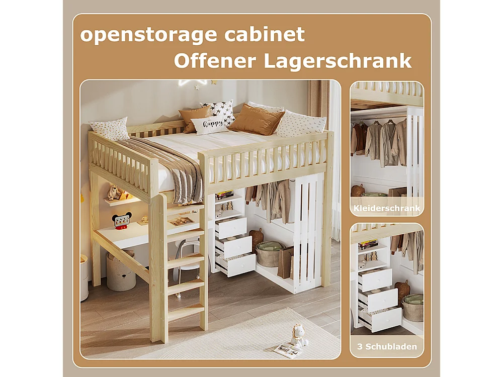Lit Mezzanine 2 Place 140x200cm avec Bureau, Armoire, 3 tiroirs et rangement ouvert, Design de clôture haute, Cadre de lit en pin, Naturel