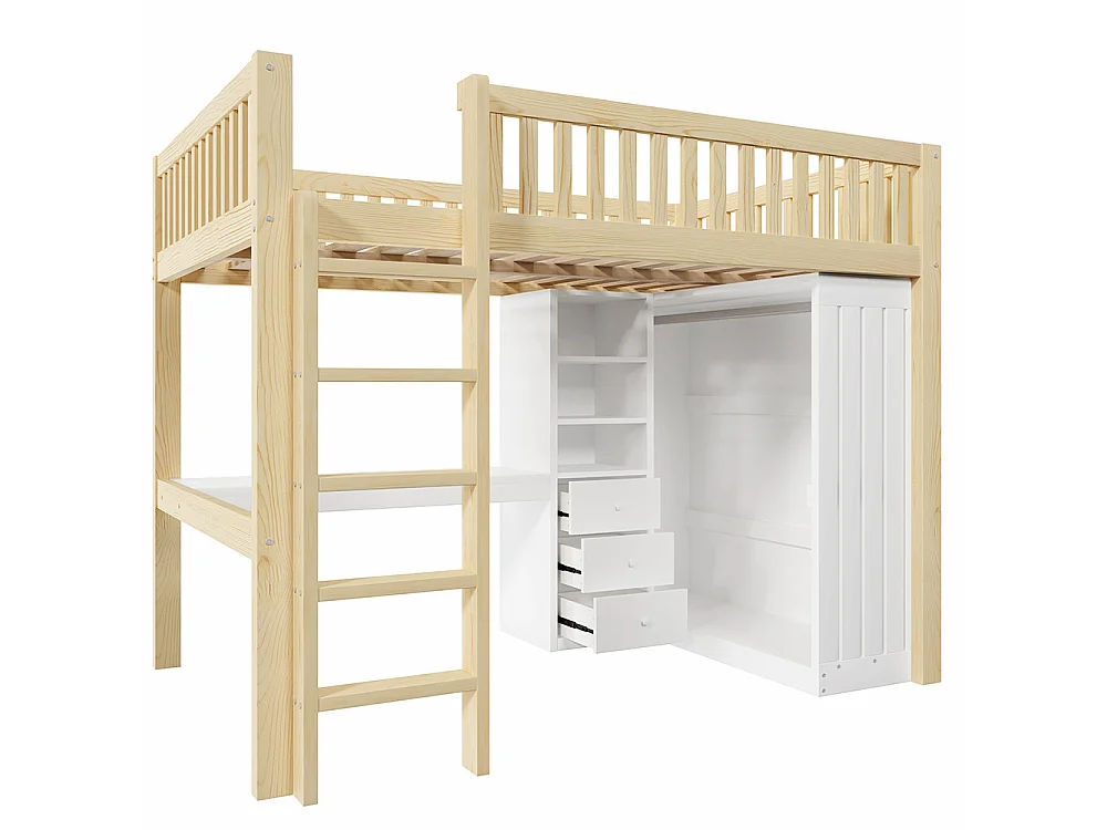 Lit Mezzanine 2 Place 140x200cm avec Bureau, Armoire, 3 tiroirs et rangement ouvert, Design de clôture haute, Cadre de lit en pin, Naturel