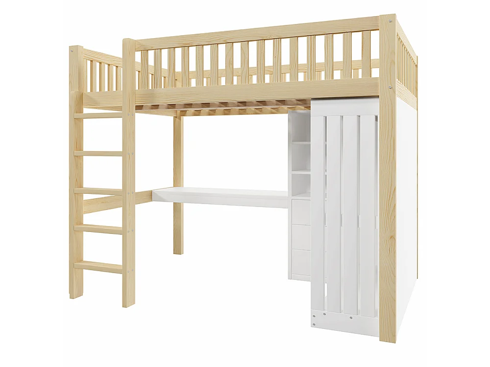 Lit Mezzanine 2 Place 140x200cm avec Bureau, Armoire, 3 tiroirs et rangement ouvert, Design de clôture haute, Cadre de lit en pin, Naturel
