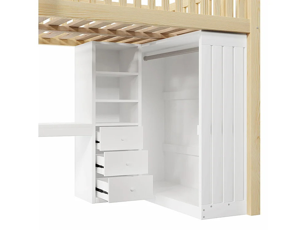 Lit Mezzanine 2 Place 140x200cm avec Bureau, Armoire, 3 tiroirs et rangement ouvert, Design de clôture haute, Cadre de lit en pin, Naturel