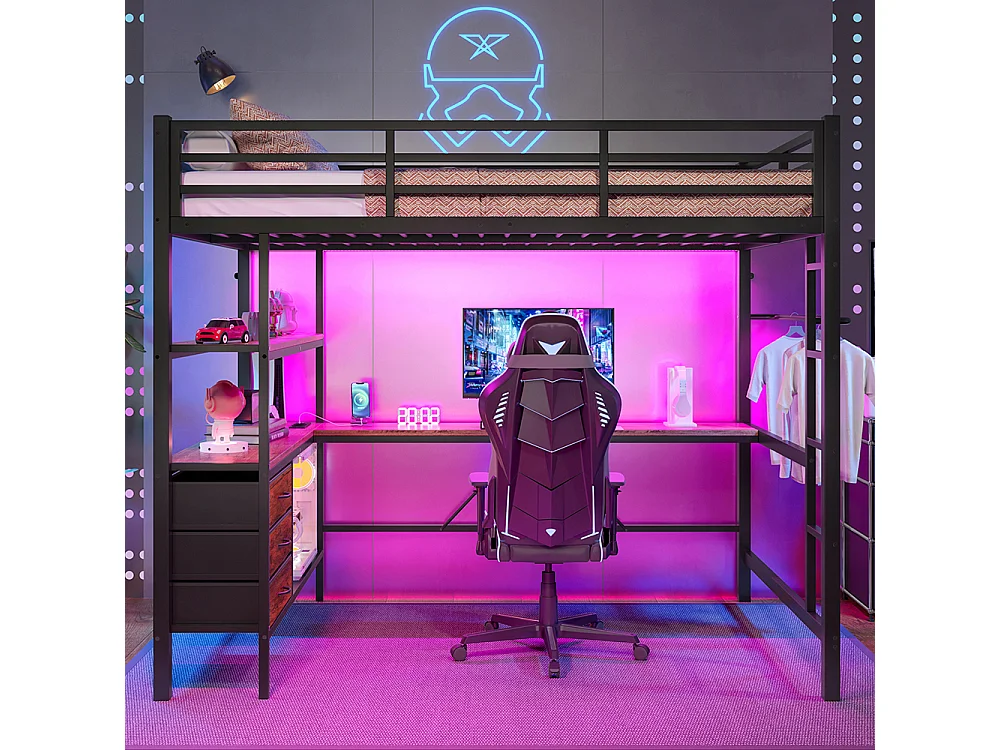 Lit mezzanine 140x200 cm - avec éclairage LED - Bureau en L - 3 tiroirs - ports USB - étagère - escalier - porte-manteau - noir