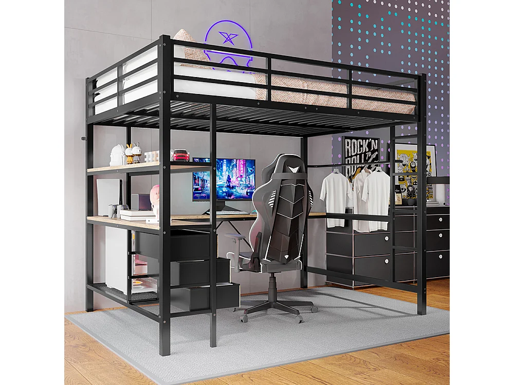 Lit mezzanine 140x200 cm - avec éclairage LED - Bureau en L - 3 tiroirs - ports USB - étagère - escalier - porte-manteau - noir