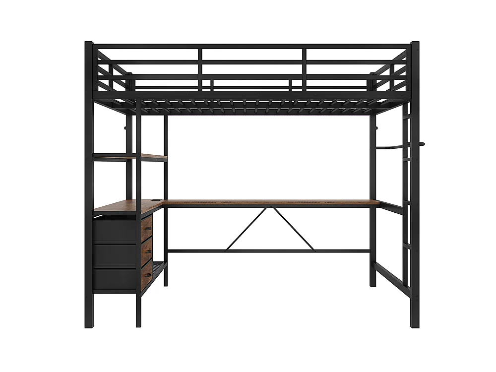 Lit mezzanine 140x200 cm - avec éclairage LED - Bureau en L - 3 tiroirs - ports USB - étagère - escalier - porte-manteau - noir