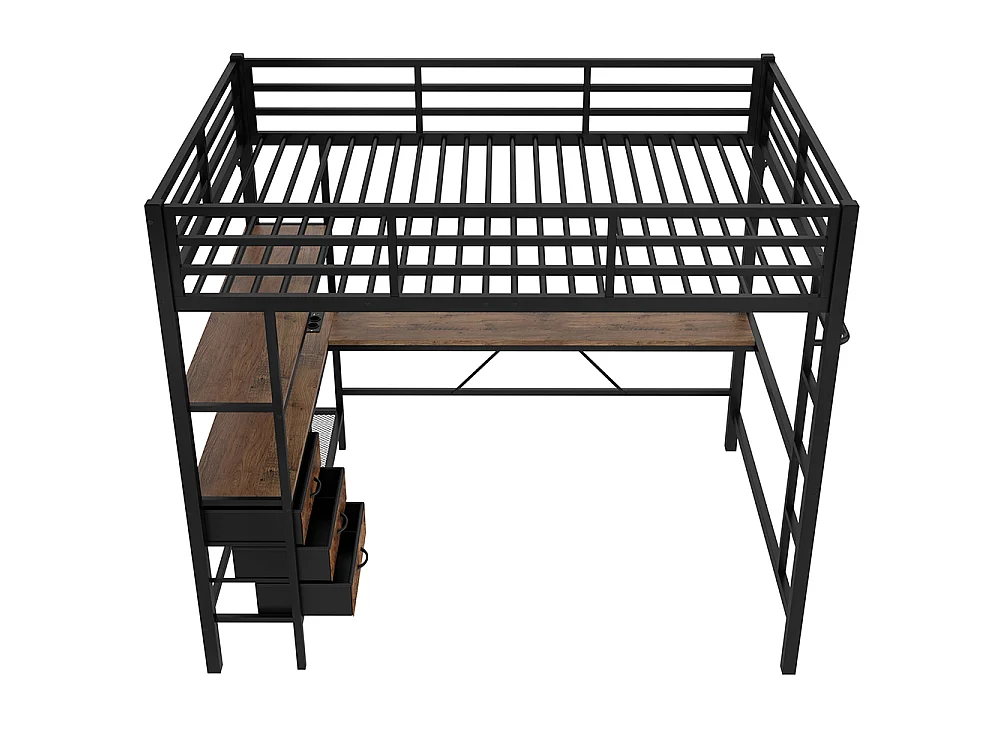 Lit mezzanine 140x200 cm - avec éclairage LED - Bureau en L - 3 tiroirs - ports USB - étagère - escalier - porte-manteau - noir