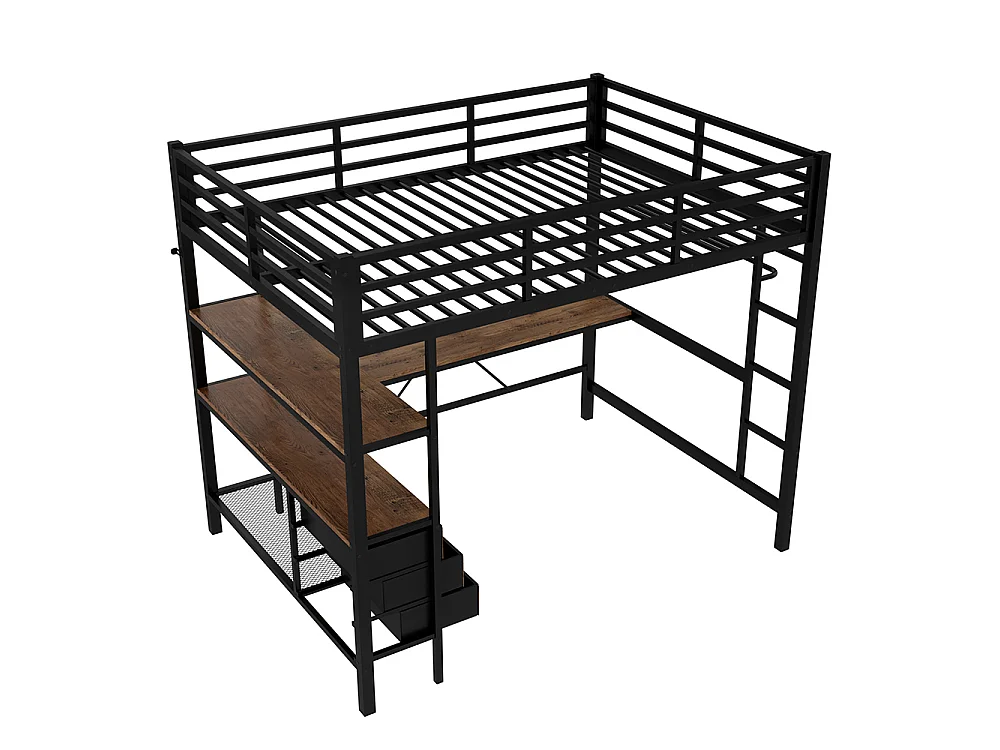 Lit mezzanine 140x200 cm - avec éclairage LED - Bureau en L - 3 tiroirs - ports USB - étagère - escalier - porte-manteau - noir
