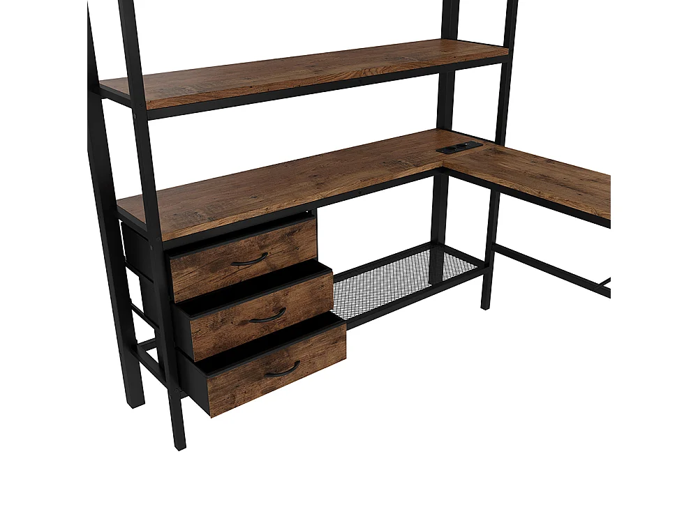 Lit mezzanine 140x200 cm - avec éclairage LED - Bureau en L - 3 tiroirs - ports USB - étagère - escalier - porte-manteau - noir