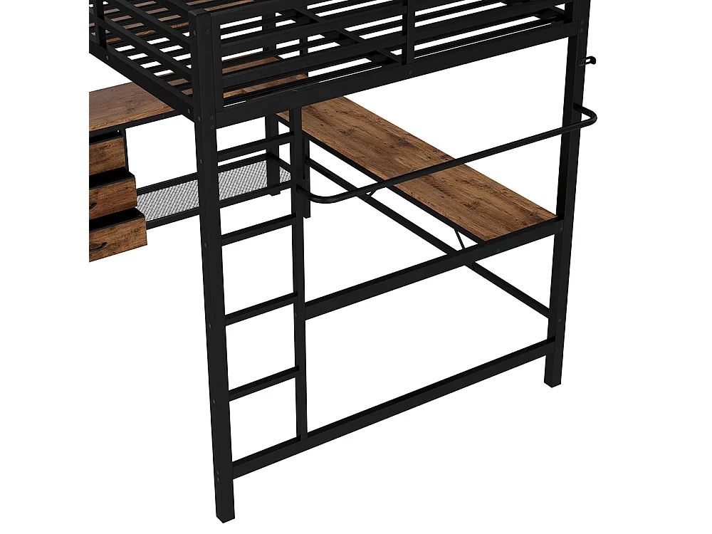 Lit mezzanine 140x200 cm - avec éclairage LED - Bureau en L - 3 tiroirs - ports USB - étagère - escalier - porte-manteau - noir