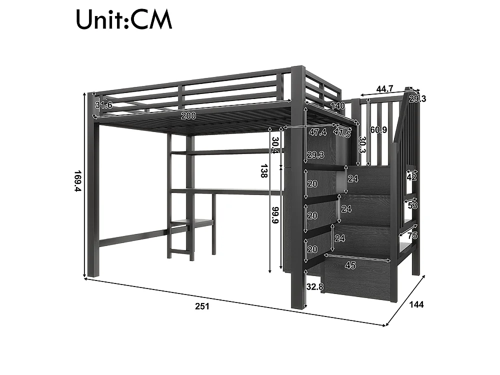 Lit mezzanine en métal 140 x 200 cm avec bureau, étagère, armoire, escalier de rangement, éclairage LED, noir