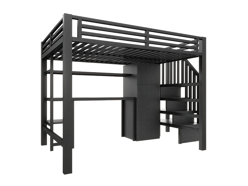 Lit mezzanine en métal 140 x 200 cm avec bureau, étagère, armoire, escalier de rangement, éclairage LED, noir