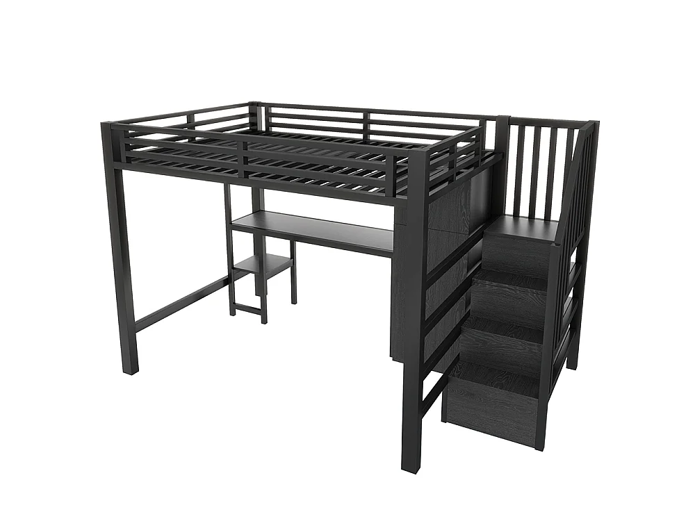 Lit mezzanine en métal 140 x 200 cm avec bureau, étagère, armoire, escalier de rangement, éclairage LED, noir