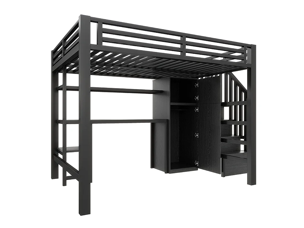 Lit mezzanine en métal 140 x 200 cm avec bureau, étagère, armoire, escalier de rangement, éclairage LED, noir