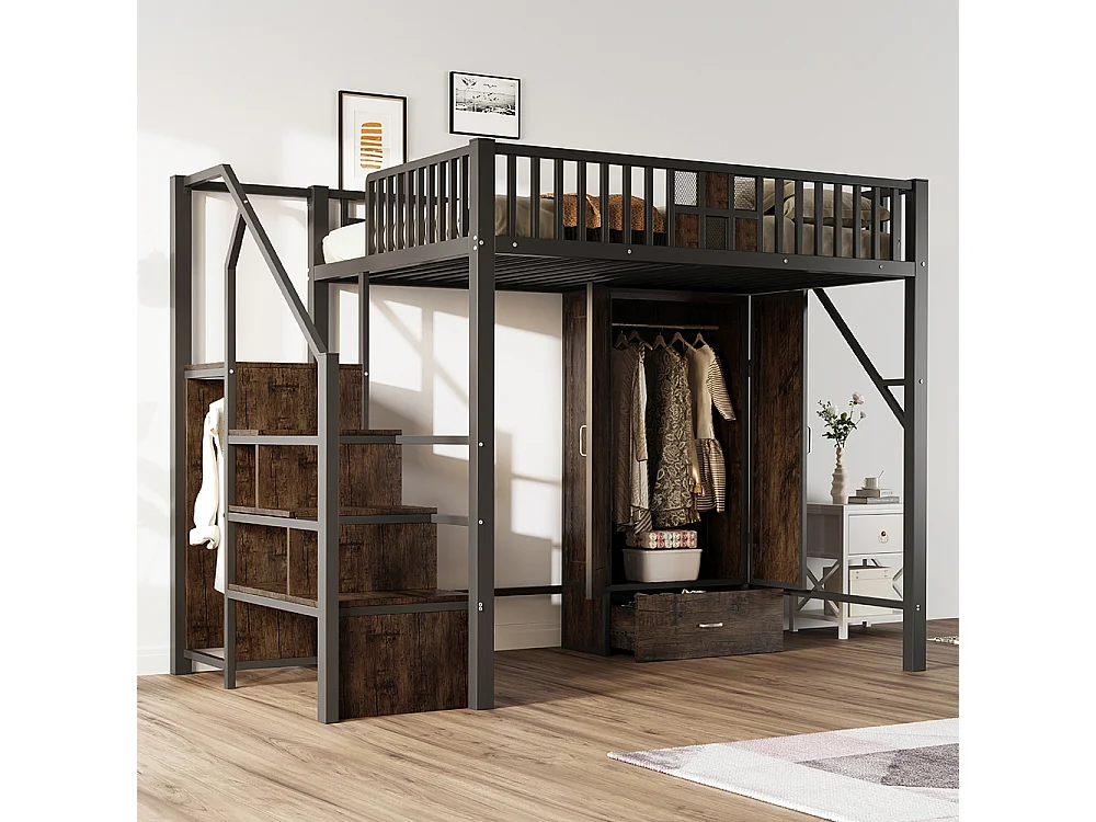 Lit Mezzanine en métal 140x200 cm, avec Armoire, Tiroir, échelle de rangement, Grillage métallique, Noir, pour adolescent adulte