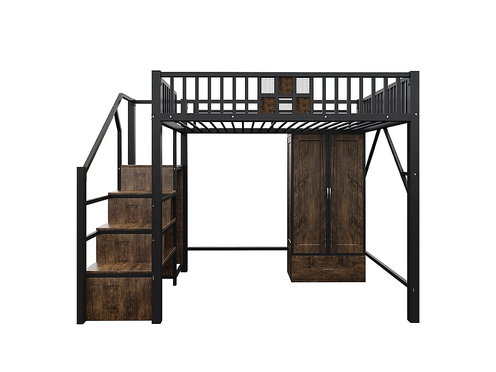 Lit Mezzanine en métal 140x200 cm, avec Armoire, Tiroir, échelle de rangement, Grillage métallique, Noir, pour adolescent adulte