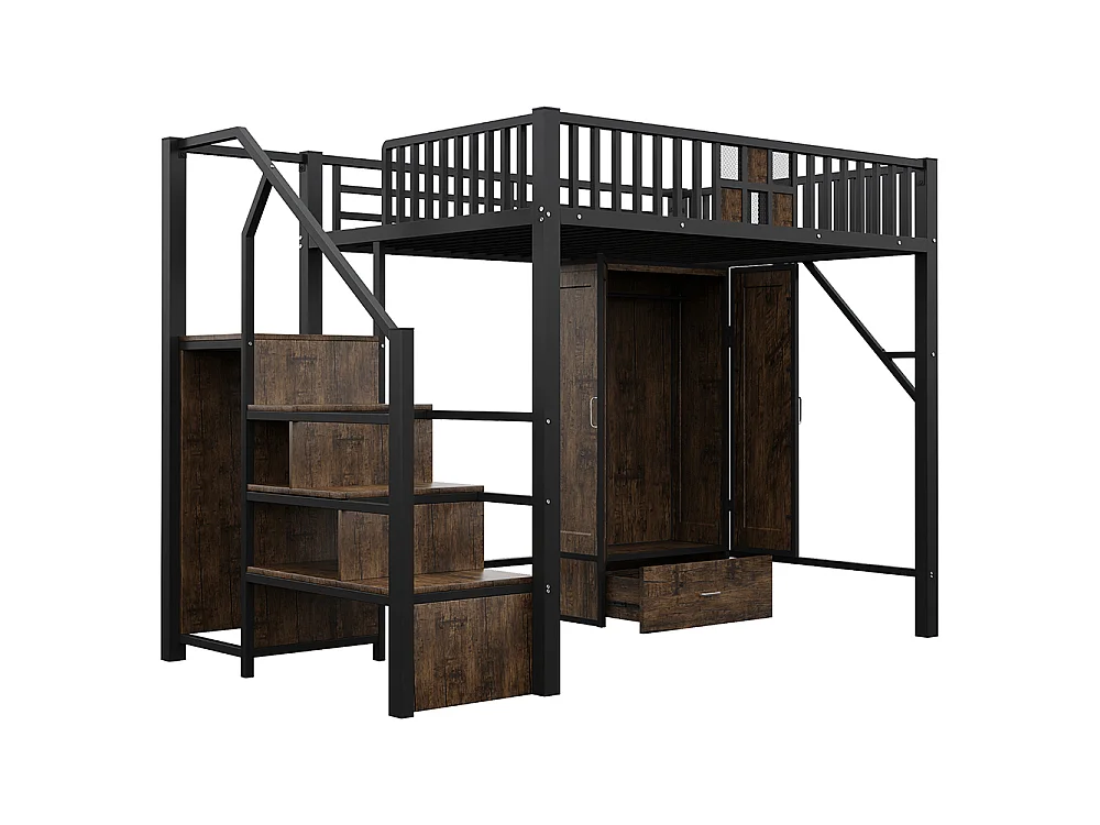 Lit Mezzanine en métal 140x200 cm, avec Armoire, Tiroir, échelle de rangement, Grillage métallique, Noir, pour adolescent adulte