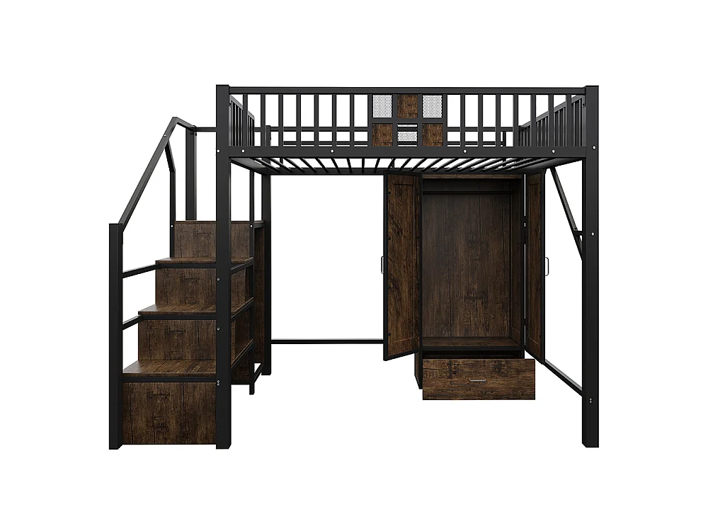 Lit Mezzanine en métal 140x200 cm, avec Armoire, Tiroir, échelle de rangement, Grillage métallique, Noir, pour adolescent adulte