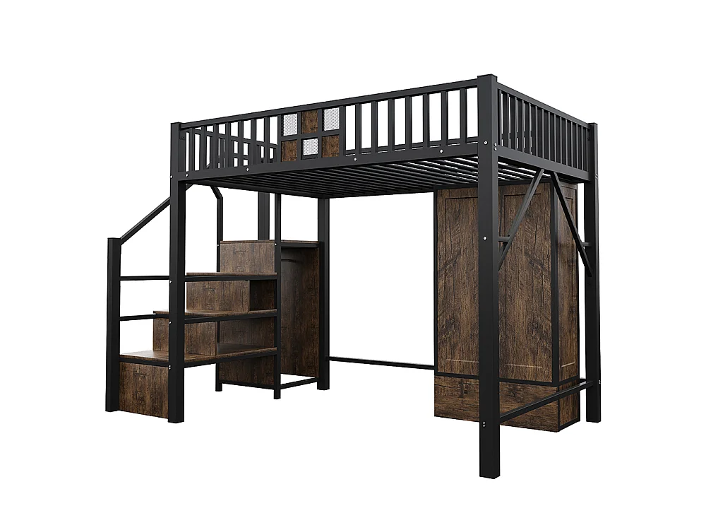 Lit Mezzanine en métal 140x200 cm, avec Armoire, Tiroir, échelle de rangement, Grillage métallique, Noir, pour adolescent adulte