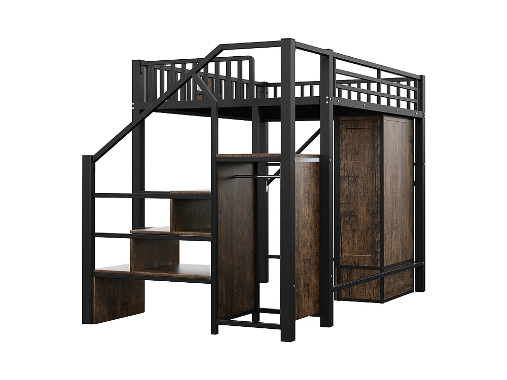 Lit Mezzanine en métal 140x200 cm, avec Armoire, Tiroir, échelle de rangement, Grillage métallique, Noir, pour adolescent adulte