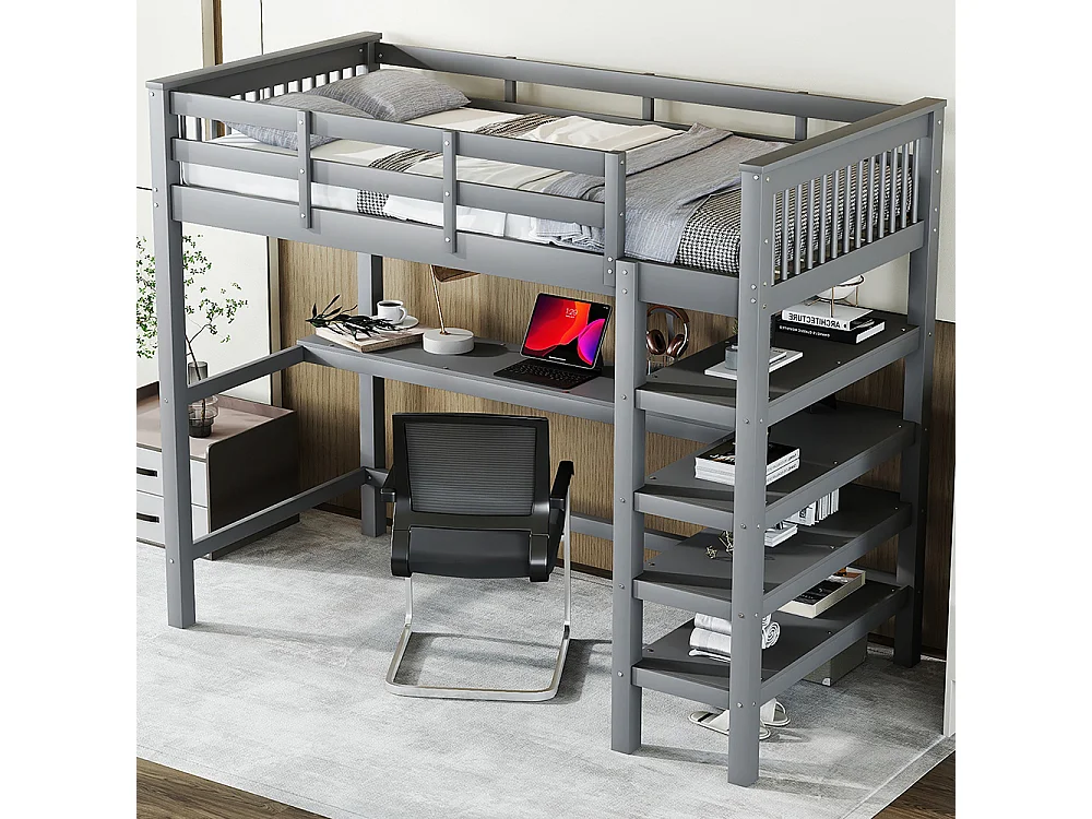 Lit mezzanine enfant 90 x 200 cm avec bureau - étagère de rangement - bois massif de pin - gris