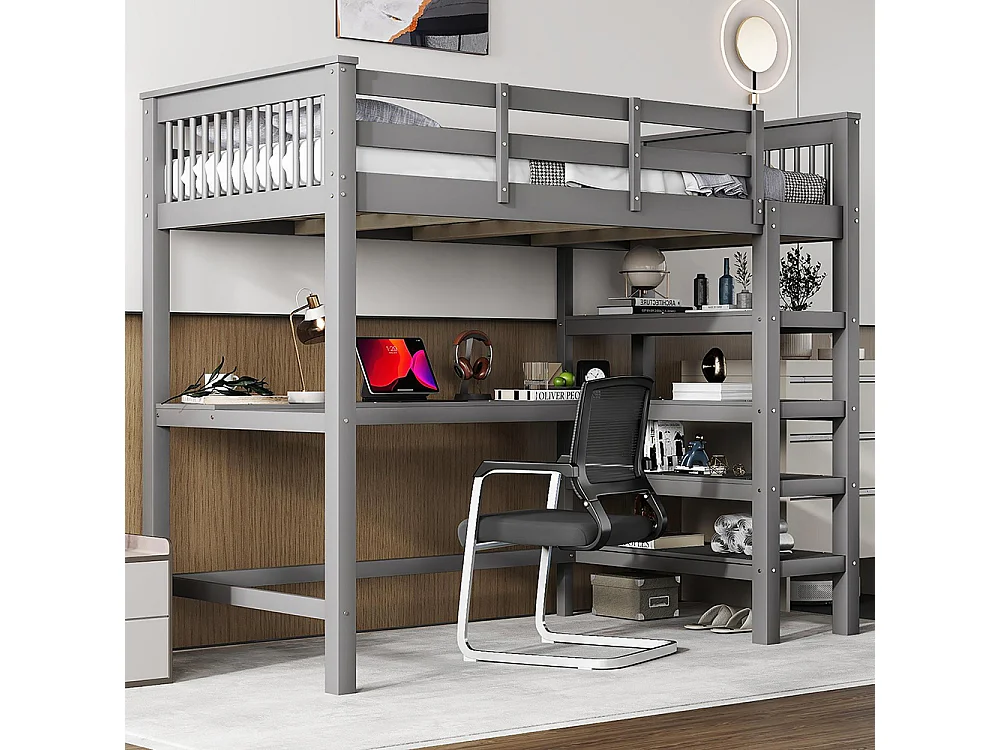 Lit mezzanine enfant 90 x 200 cm avec bureau - étagère de rangement - bois massif de pin - gris