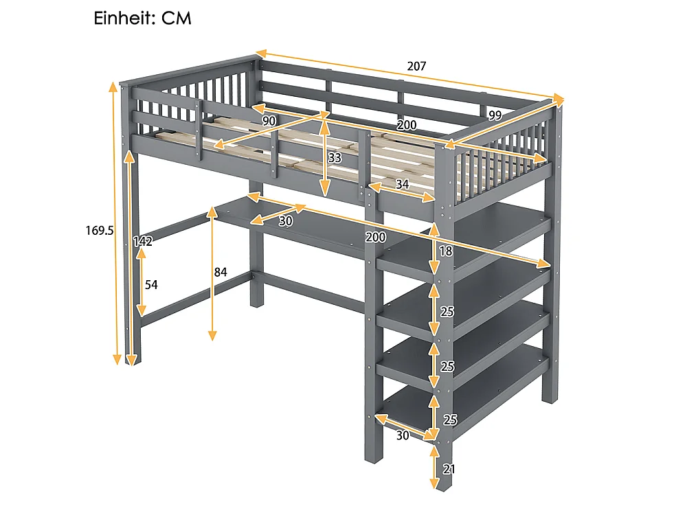 Lit mezzanine enfant 90 x 200 cm avec bureau - étagère de rangement - bois massif de pin - gris