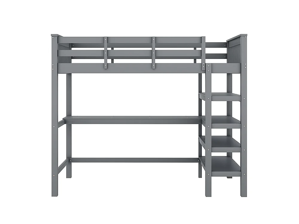 Lit mezzanine enfant 90 x 200 cm avec bureau - étagère de rangement - bois massif de pin - gris