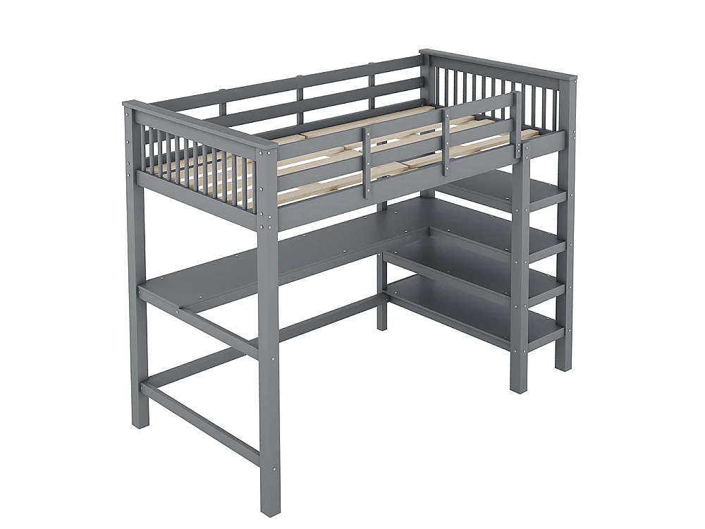 Lit mezzanine enfant 90 x 200 cm avec bureau - étagère de rangement - bois massif de pin - gris