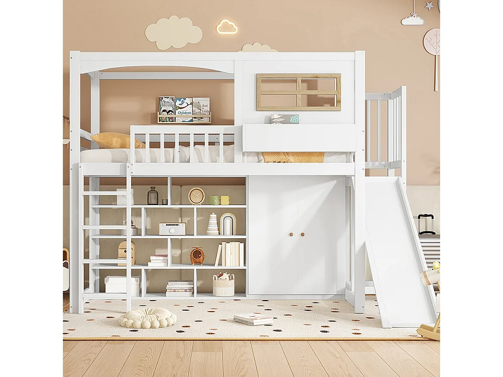 Lit mezzanine enfant 90 x 200 cm avec Toboggan, Armoire, Étagères de rangement, Échelle, Bois massif + MDF, Blanc