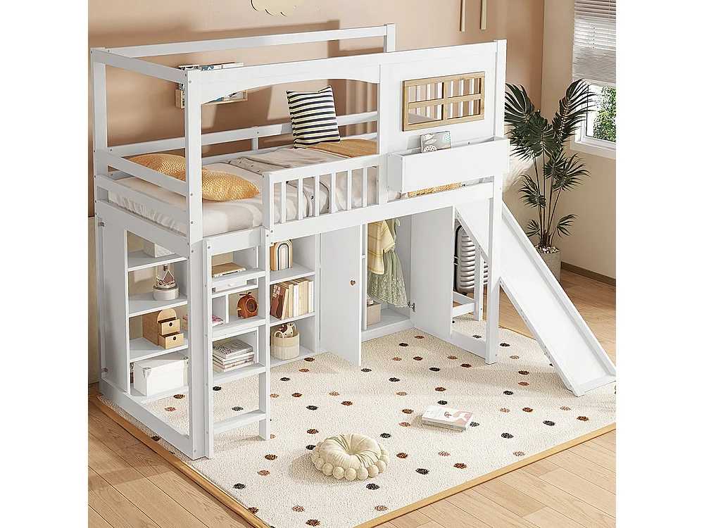 Lit mezzanine enfant 90 x 200 cm avec Toboggan, Armoire, Étagères de rangement, Échelle, Bois massif + MDF, Blanc