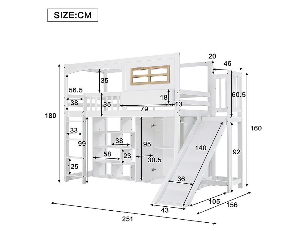 Lit mezzanine enfant 90 x 200 cm avec Toboggan, Armoire, Étagères de rangement, Échelle, Bois massif + MDF, Blanc
