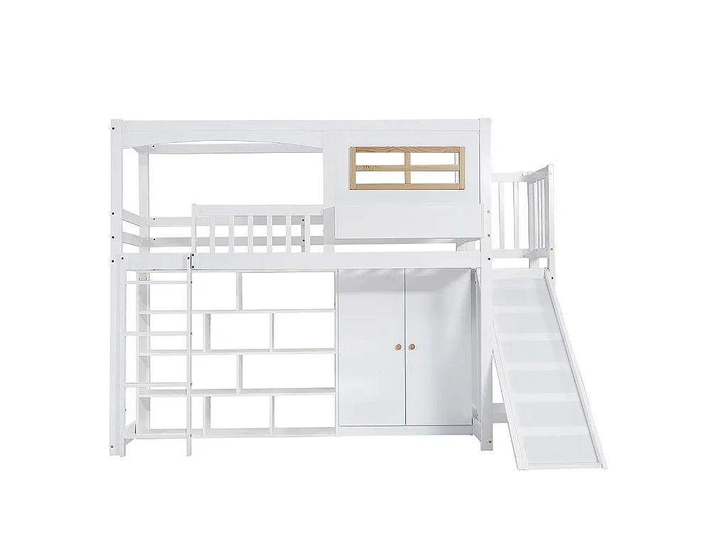Lit mezzanine enfant 90 x 200 cm avec Toboggan, Armoire, Étagères de rangement, Échelle, Bois massif + MDF, Blanc